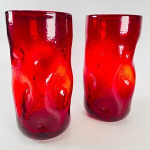 Blenko MCM Red Tangerine Amberina Crackle Pinch Dimple 6" Tumbler Glasses Pair